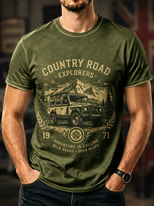 Men's Retro Car Culture Print Casual Tee