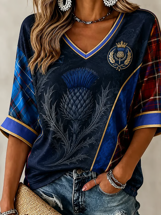 Damen T-Shirt mit V-Ausschnitt, mittellangen Ärmeln und Schottland-Print