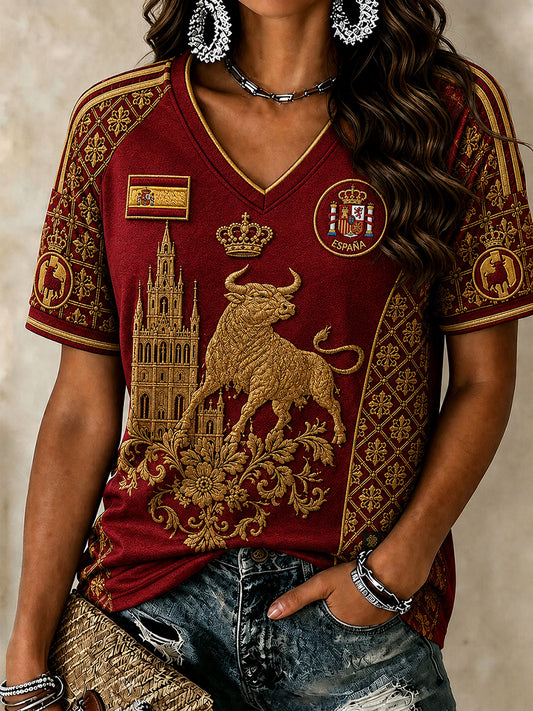 Women's Spain Football Lover V-neck Off-shoulder Short Sleeve T-shirt