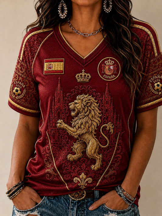 Women's Spain Football Lover V-neck Off-shoulder Short Sleeve T-shirt