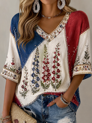 Women's Foxglove floral print Mid-length Sleeves V-Neck T-Shirt