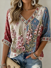 Women's Foxglove floral print Mid-length Sleeves V-Neck T-Shirt