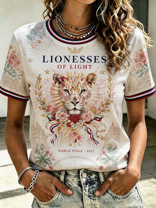 Women's England Lioness Football Lover Roses Art Printed T-shirt