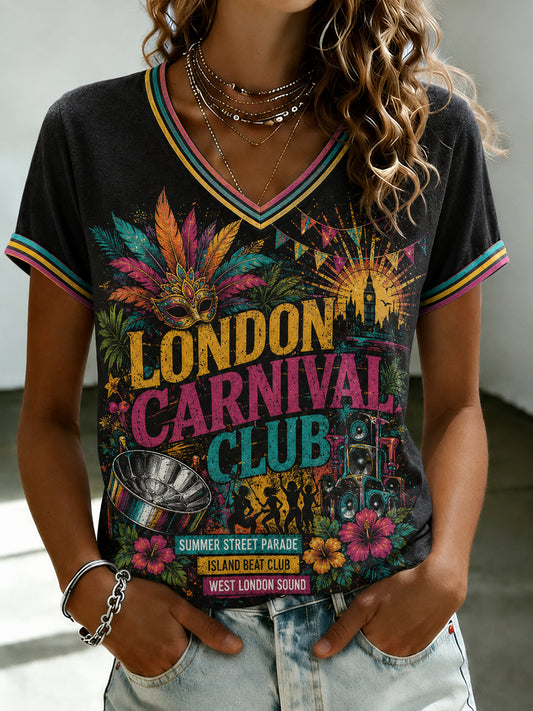 Women's Caribbean London Festival Notting Hill Carnival Printed V-neck T-shirt