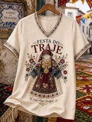 Women's Festas d'Agonia Portugal Art Printed Linen T-shirt
