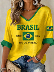 Women's Brazil  Football Fan Gift Short Sleeve Waffle T-shirt