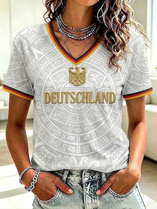 Women's Germany Football Printed V-neck T-shirt
