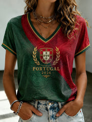 Women's Portuguese Football Printed V-neck T-shirt