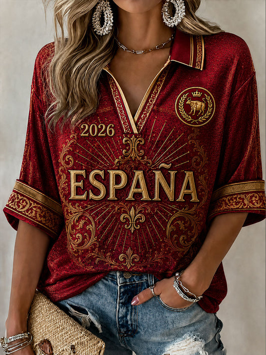 Women's ESPAÑA Football Mid-length Sleeves V-Neck T-Shirt