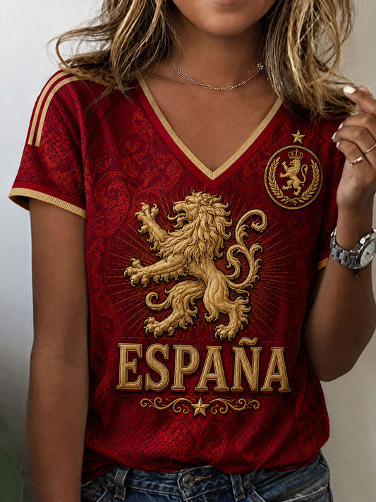Women's ESPAÑA Football V-neck off-shoulder short-sleeved T-shirt
