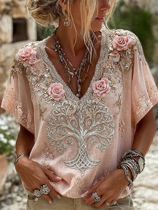 Damen Wikinger Lebensbaum Klassische Rosen Blumendruck Leinen Kurzarm-T-Shirt