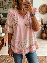 Women's Pink Botanical Floral Print Cotton-Linen Shirt