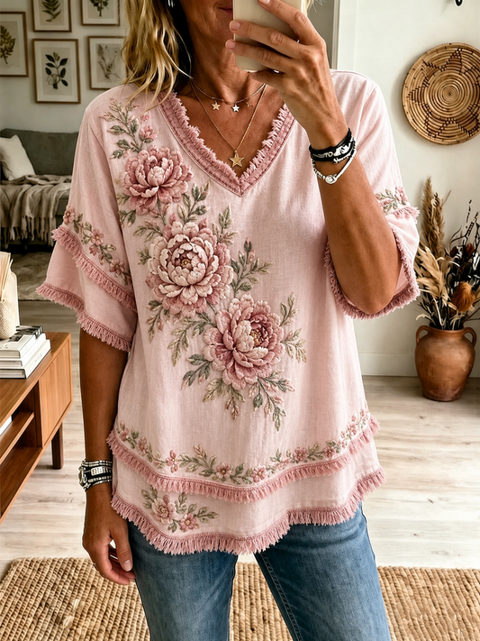 Damenhemd aus Baumwoll-Leinen mit Blumenmuster