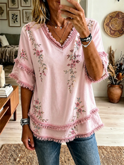Women's Pink Botanical Floral Print Cotton-Linen Shirt