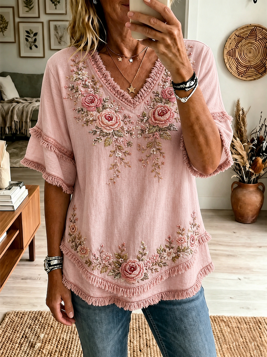 Bluse aus Baumwoll-Leinen-Mix mit Blumenmuster für Damen