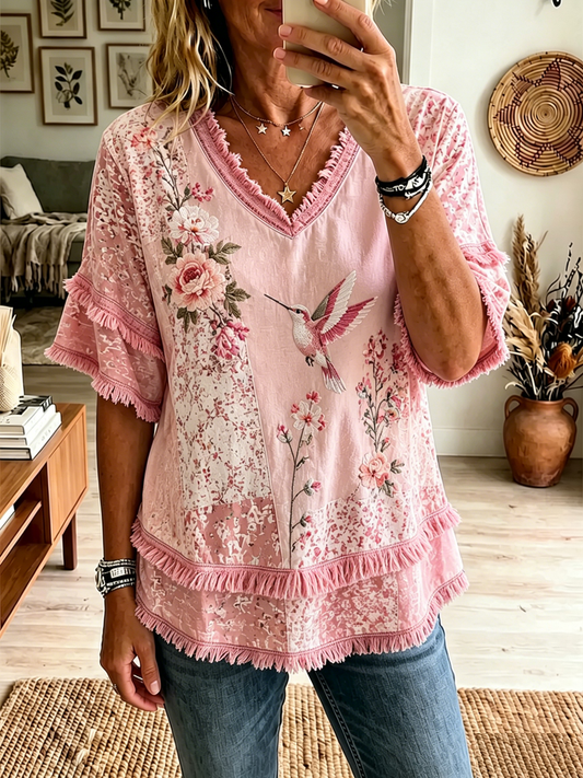 Damen Baumwoll-Leinen Hemd mit botanischem Blumenmuster in Rosa