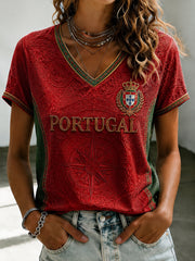 Women's Portuguese Football Printed V-neck T-shirt