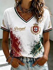 Women's Portuguese Football Printed V-neck T-shirt