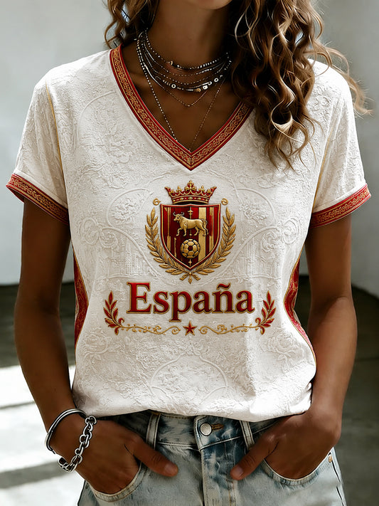 Women's Spanish Football Printed V-neck T-shirt