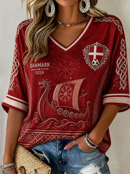 Women's Danmark Football Mid-length Sleeves V-Neck T-Shirt
