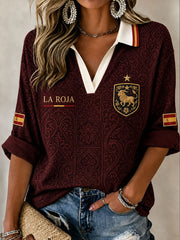 Women's Spain Football Mid-length Sleeves V-Neck T-Shirt