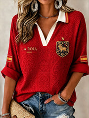 Women's Spain Football Mid-length Sleeves V-Neck T-Shirt