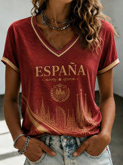 Women's Spanish Football Printed V-neck T-shirt