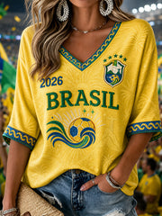 Women's Brazil Football Fan Gift Mid-length Sleeves V-Neck T-Shirt