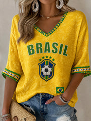 Women's Brazil Football Fan Gift Mid-length Sleeves V-Neck T-Shirt