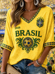 Women's Brazil Football Fan Gift Mid-length Sleeves V-Neck T-Shirt