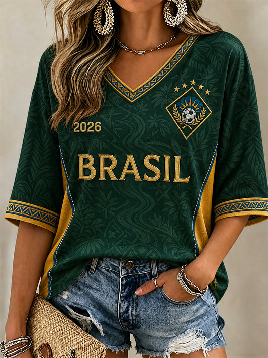 Women's Gift For Football Fans Print Casual Half-Sleeves V-Neck T-Shirt