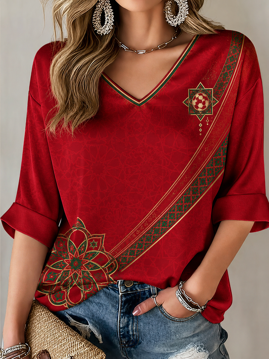 Women's MOROCCO Printed Mid-length Sleeves V-Neck T-Shirt