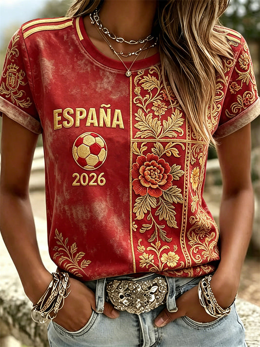 Women's 2026 Spain Team Floral Ethinic Print short-sleeved T-shirt