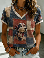 Women's British Style Printed V-neck T-shirt