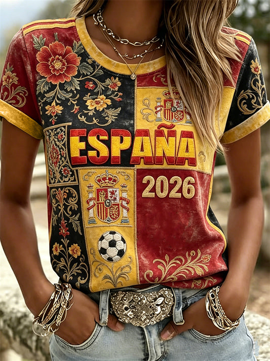 Women's 2026 Spain Team Floral Ethinic Colorblock Print short-sleeved T-shirt