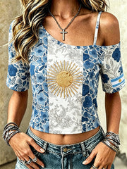 Women's Argentina Football Inspired Floral Print Short Sleeve T-shirt