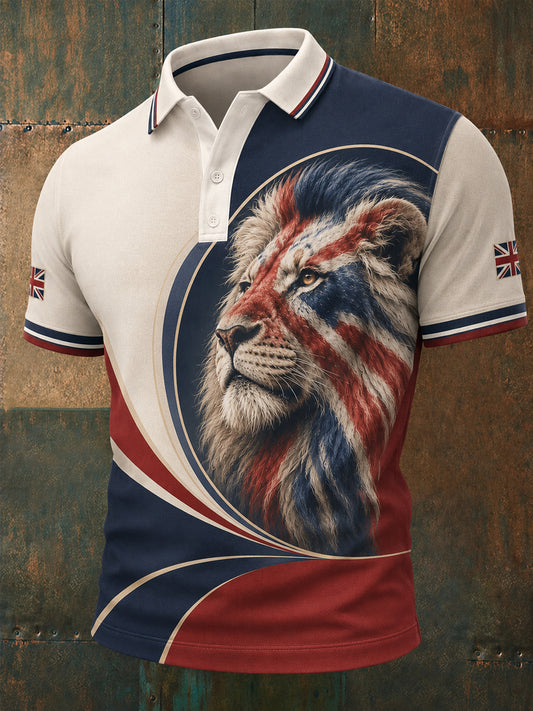 Herren Polo-Shirt mit britischem Löwen-Print, Freizeit-Stil