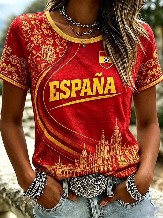 Women's 2026 Spain Football Team Inspired Pattern Print Linen Short-sleeved T-shirt