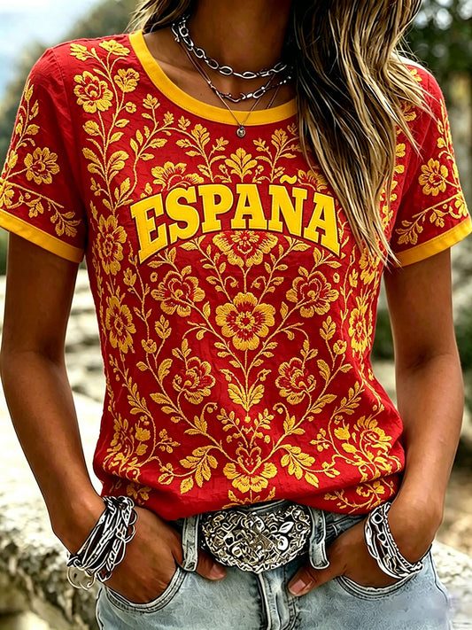 Women's Vintage Spain Football Team Inspired Print Linen Short-sleeved T-shirt
