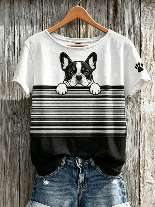 Women's Peeking Bulldog & Paw Print Colorblock Print short-sleeved T-shirt