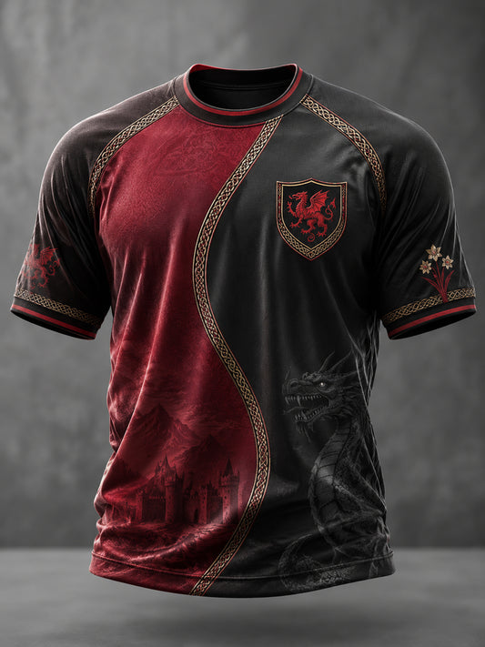 Herren T-Shirt mit walisischem Drachen-Print und kurzen Ärmeln