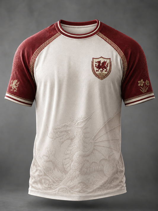 Herren T-Shirt mit walisischem Drachen-Print und kurzen Ärmeln