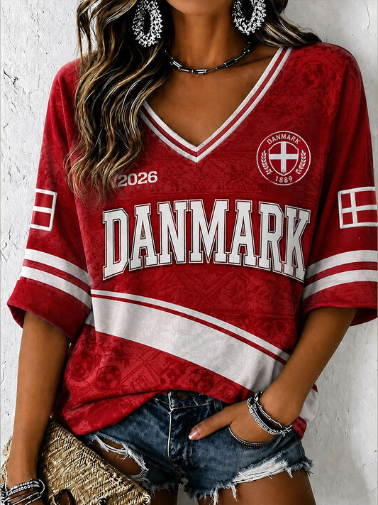 Damen Dänemark Fußball T-Shirt mit halblangen Ärmeln und V-Ausschnitt
