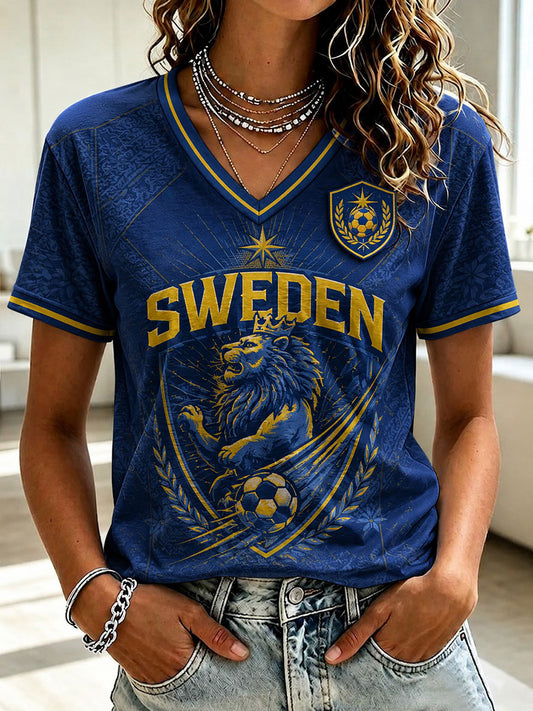 Women's Sweden Football Printed V-neck T-shirt