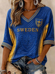 Women's Sweden Football Printed Mid-length Sleeves V-Neck T-Shirt