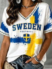 Women's Swedish Football Printed V-neck T-shirt