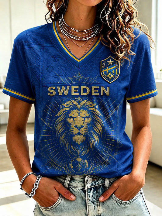 Women's Sweden Football Printed V-neck T-shirt