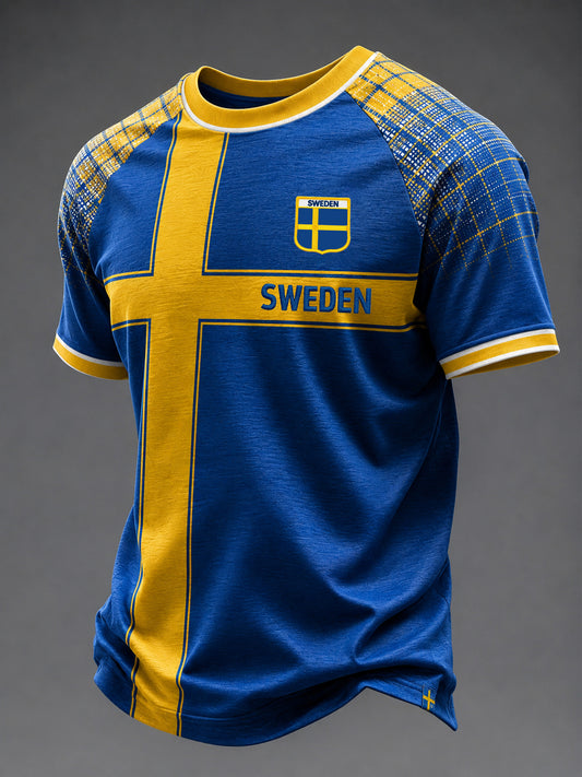 Herren T-Shirt mit schwedischem Fußball-Aufdruck, lässig, Kurzarm