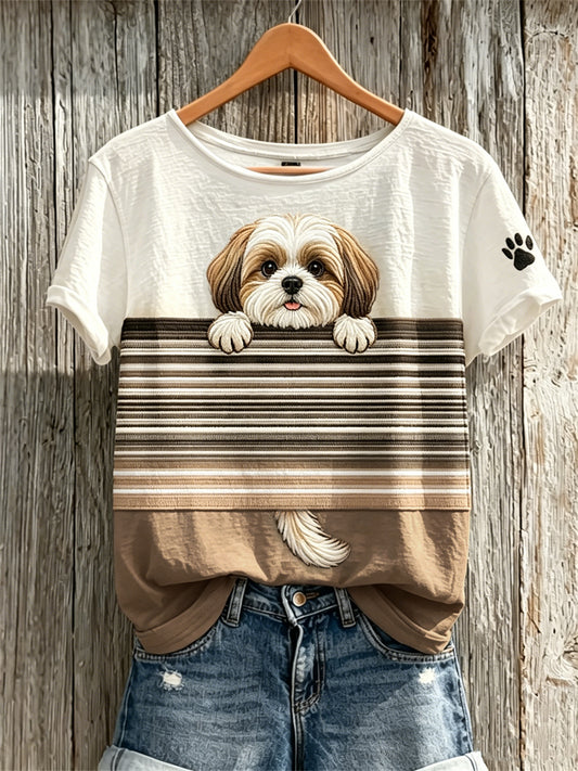 Damen T-Shirt mit peeking Shih Tzu Hund & Pfotenabdruck Colorblock-Print, Kurzarm