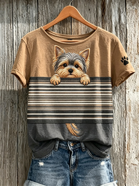 Damen Kurzarm T-Shirt mit Colourblock-Print, 'Peeking Yorkshire Dog' und Pfotenabdruck